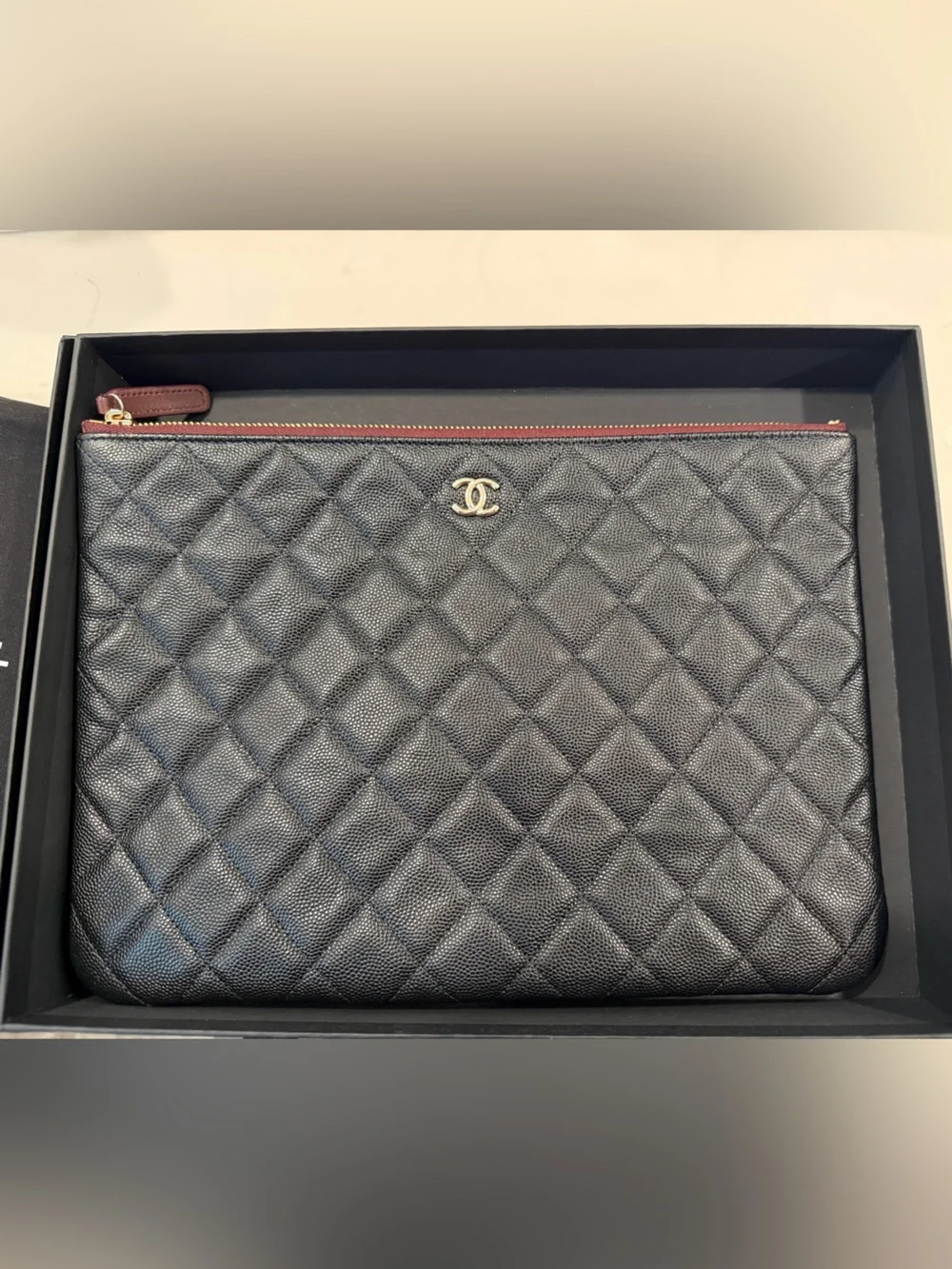 CHANEL Black Quilted Leather Laptop Pouch with Gold CC